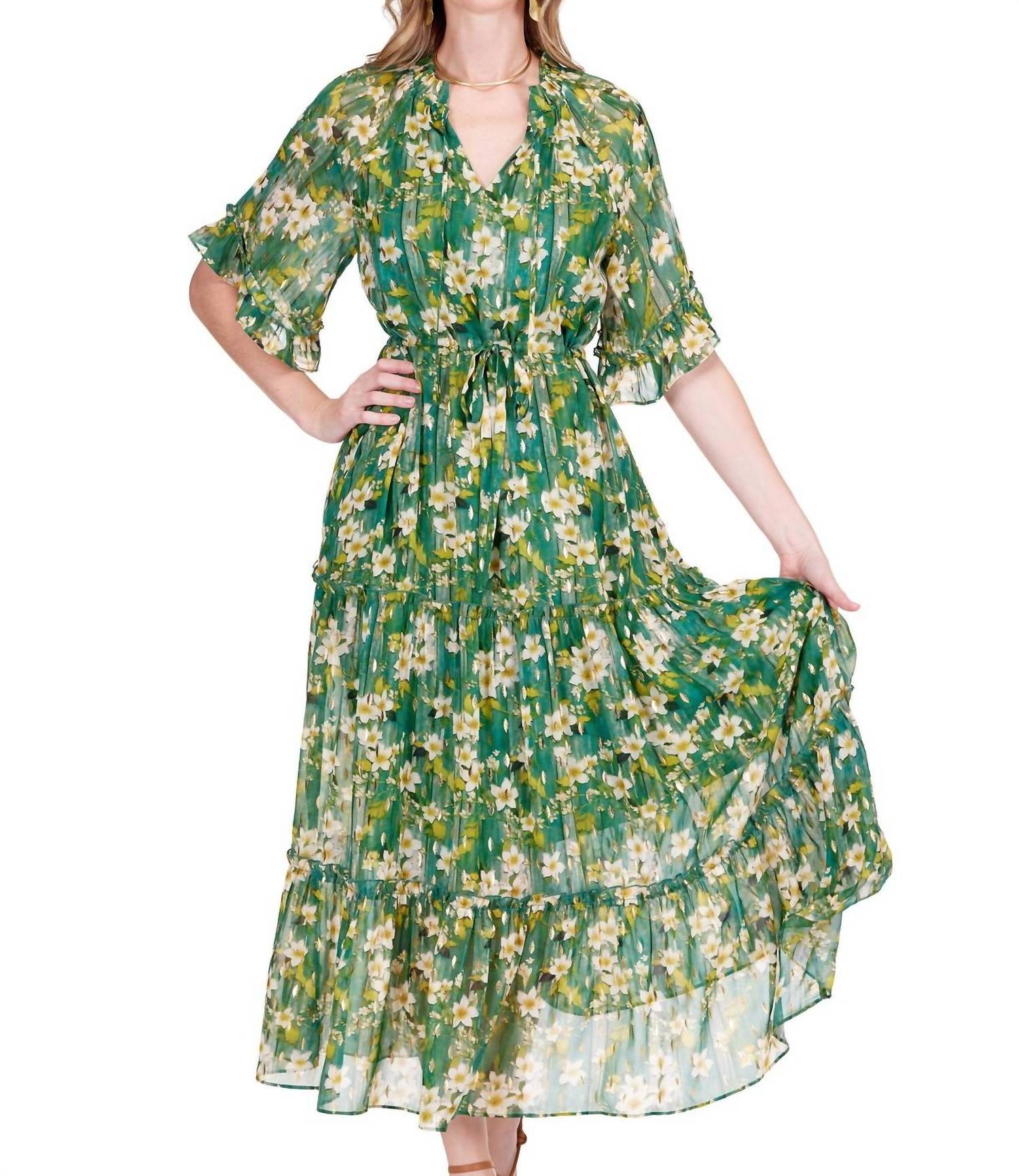 Jade Melody Tam - Ruffles Cinched Waist Maxi Dress