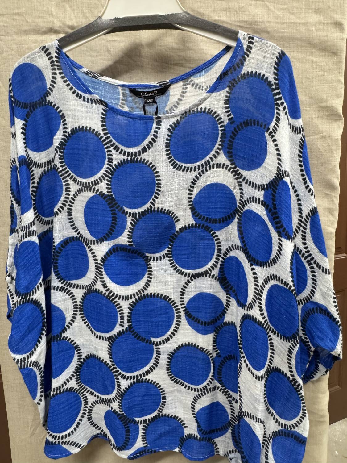 CHARLIE B Women's Side Tie Top in royal tennis ball prt - women's blouse