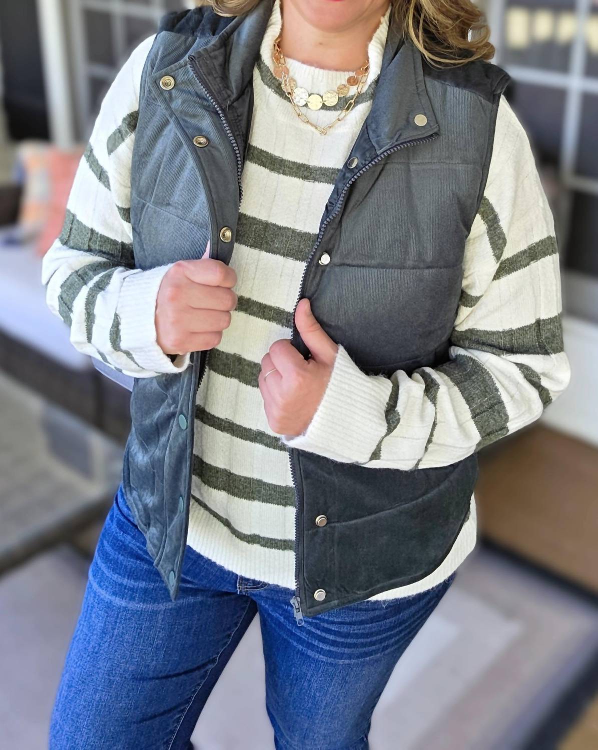 STACCATO Mini Cord Snap Zipper Vest in dark green - women's jacket - detail view
