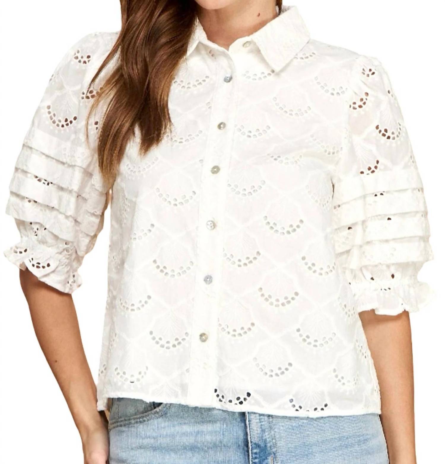 Strut & Bolt - Pintuck Eyelet Puff Sleeve Shirt Top