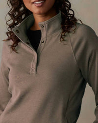The Normal Brand Puremeso Weekend Snap Pullover in taupe - women's long sleeve top - detail view