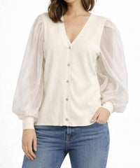 DESIGN HISTORY Sheer Sleeve Cardigan in winter white - women's cardigan