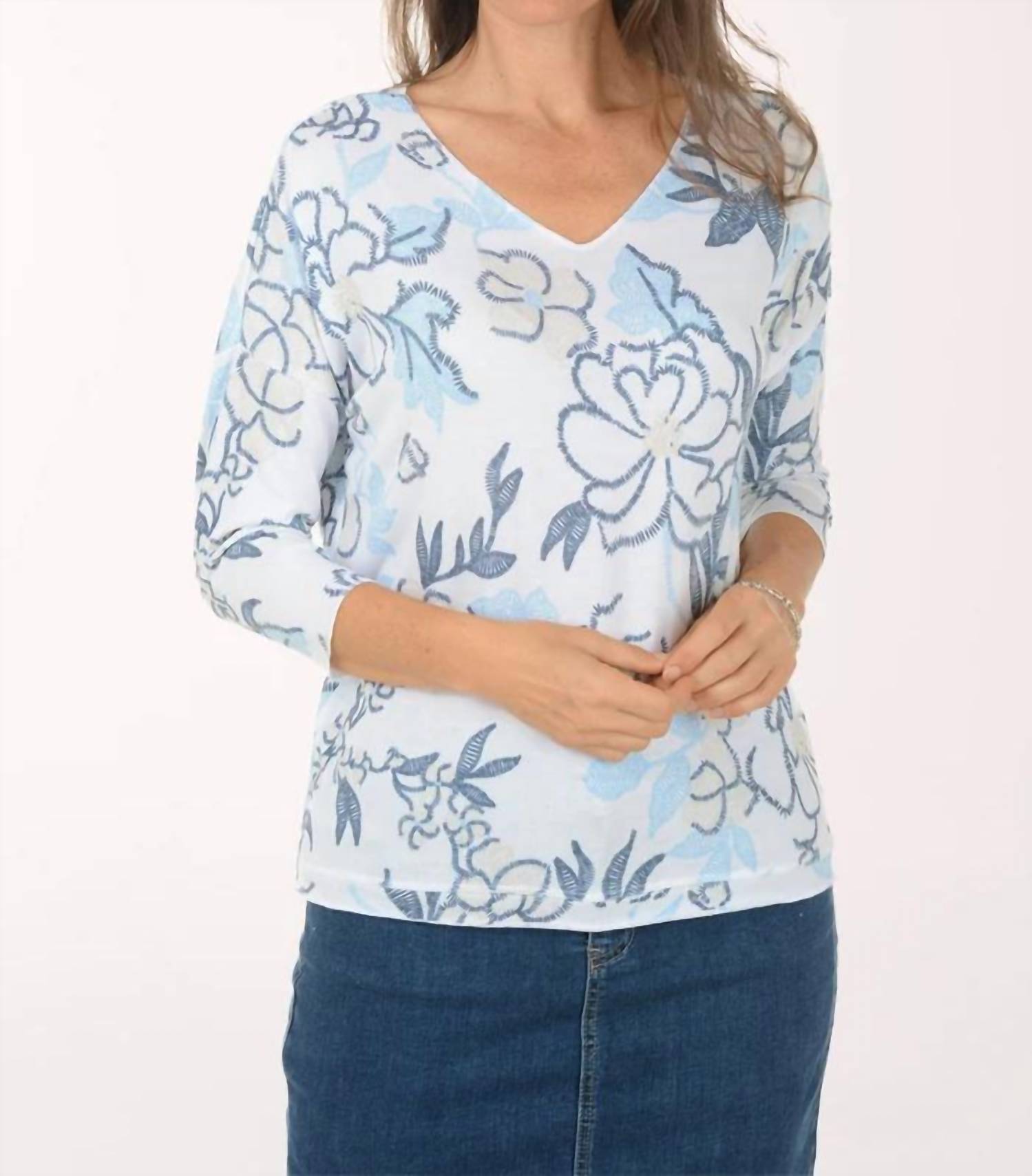 Charlie B - Printed Jersey V-Neck 3/4 Sleeve Top