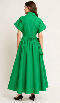 Flying Tomato - Tie Waist Bow Cotton Button Front Maxi Shirt Dress