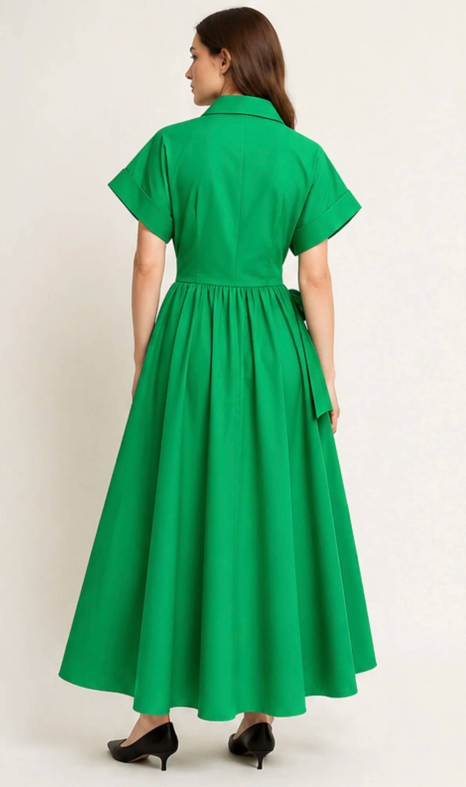 Flying Tomato - Tie Waist Bow Cotton Button Front Maxi Shirt Dress