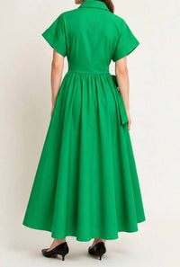 Flying Tomato - Tie Waist Bow Cotton Button Front Maxi Shirt Dress