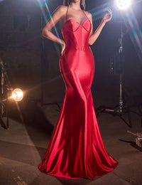 Cinderella Divine - Halter Satin Corset Fitted Prom Dress