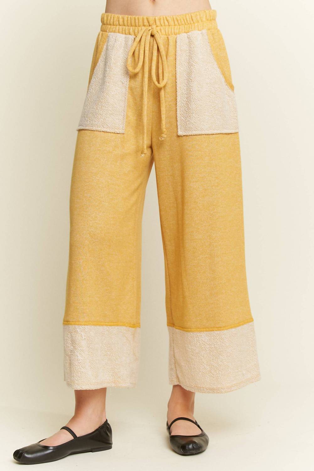 J.Her Washed Elastic Waist Wide Pants in mustard - women's pants - detail view