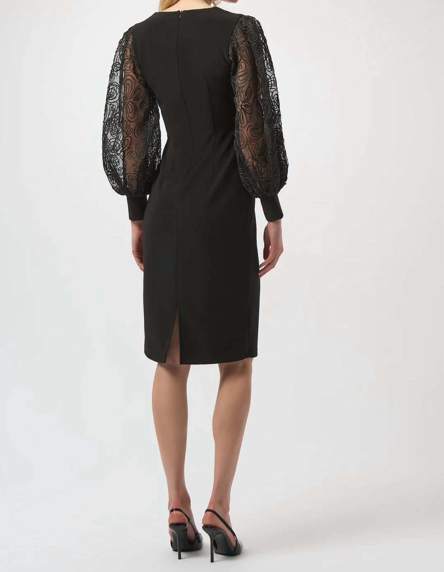 Joseph Ribkoff V-neckline Long Mesh Puff Sleeves Sheath Dress in black - women's dress - detail view