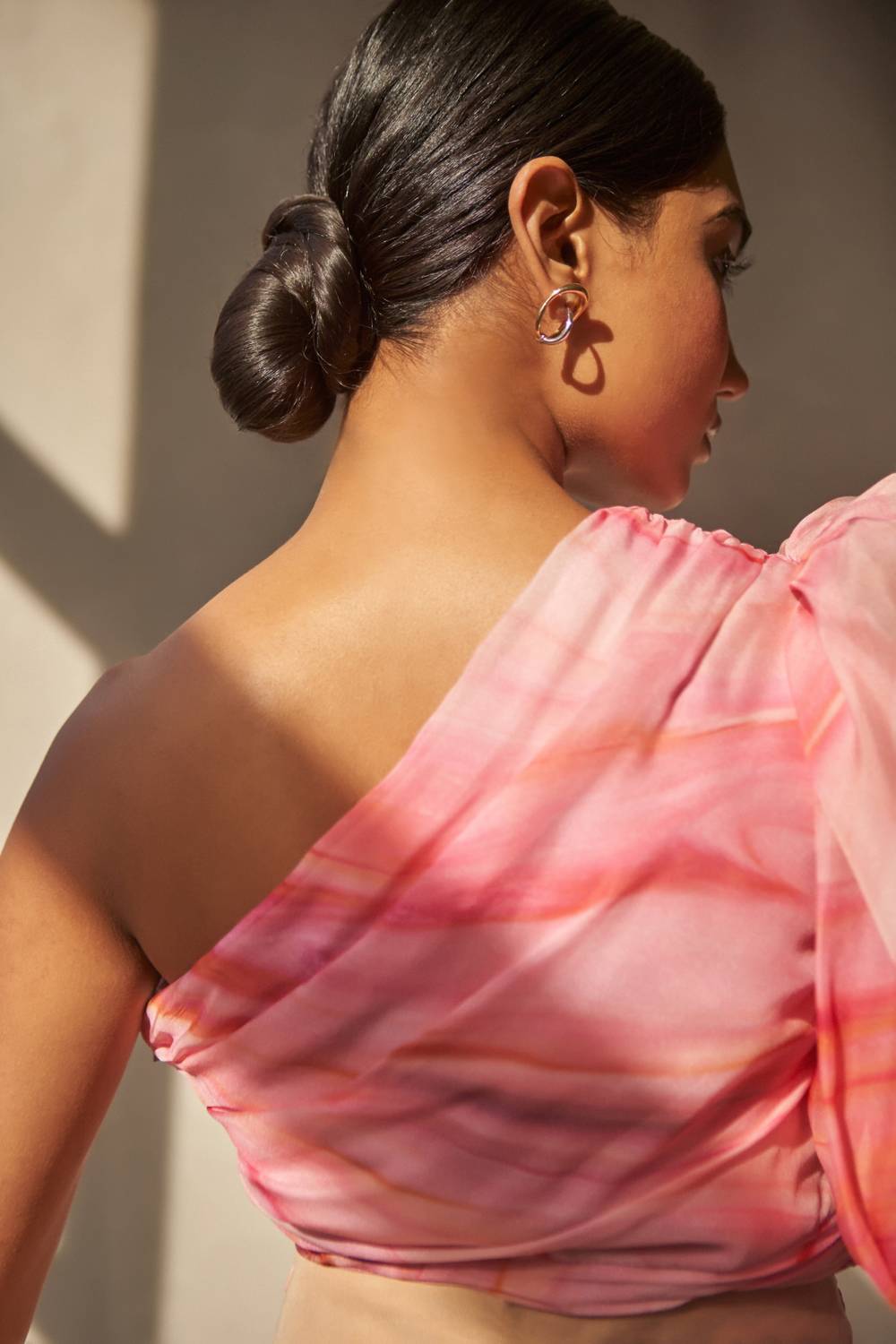 Aiifos Megan One Shoulder Top in sunset breeze pink - women's blouse - detail view