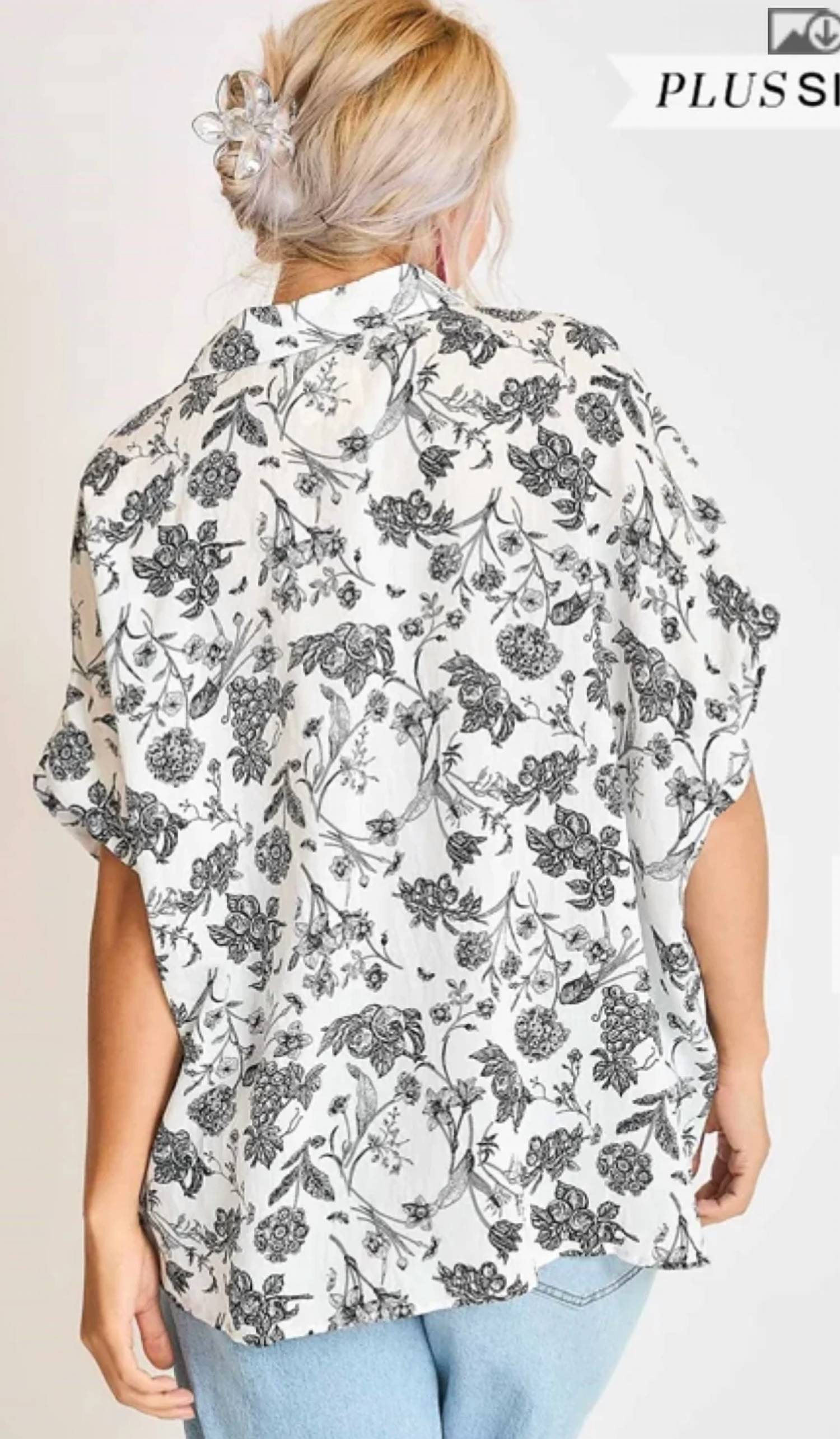 Umgee - Two Tone Floral Print Button Down Top