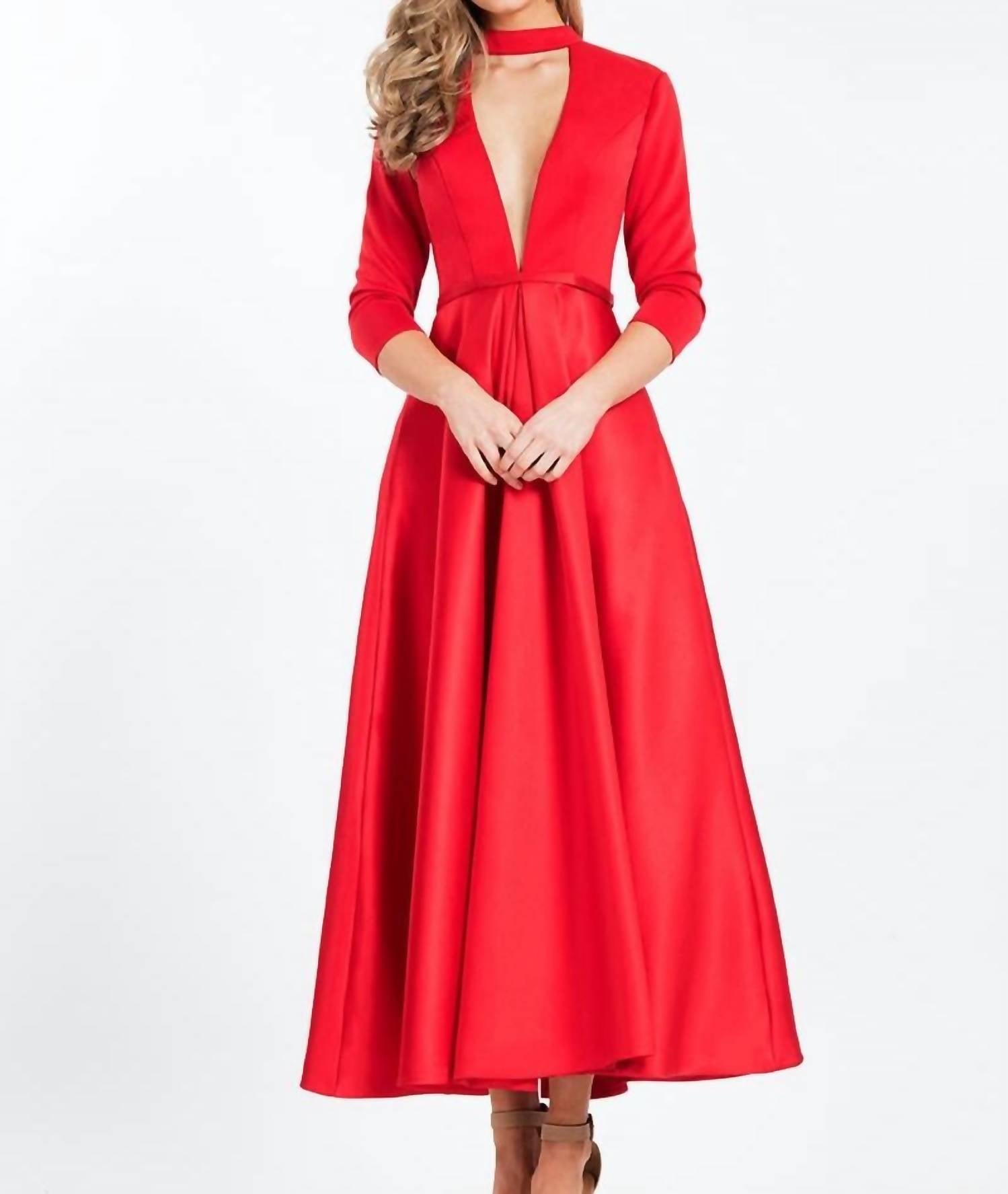 Rachel Allan - Deep V-neck Choker Knee Length Formal Dress