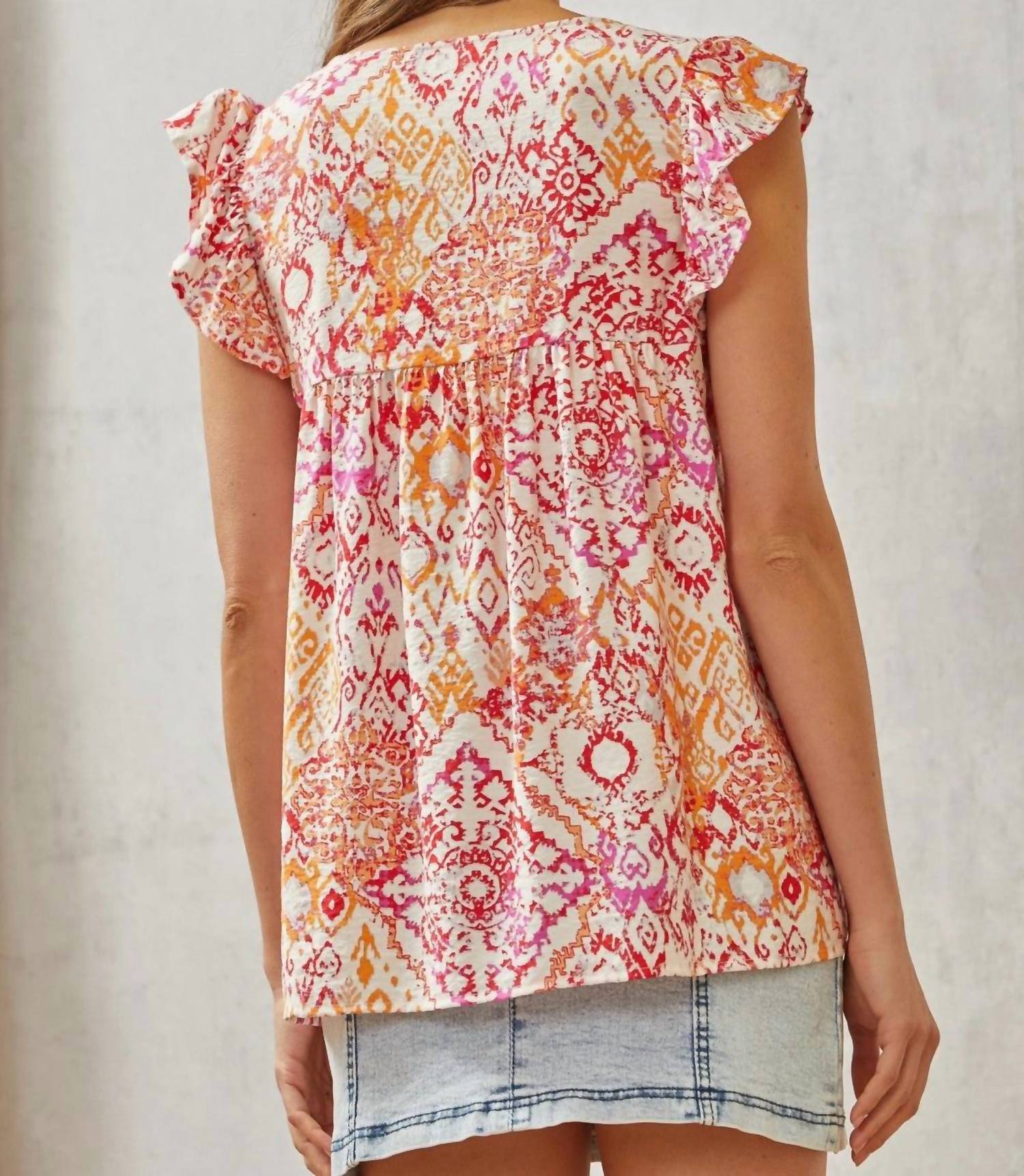 Savannah Jane - Babydoll Print Top with Floral Embroidery