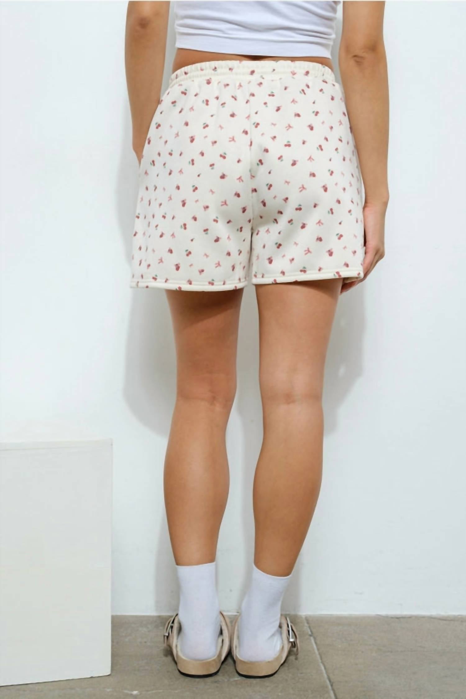 Pretty Garbage Cherry Bow Print Sweat Shorts in ivory - women's shorts - alternate view