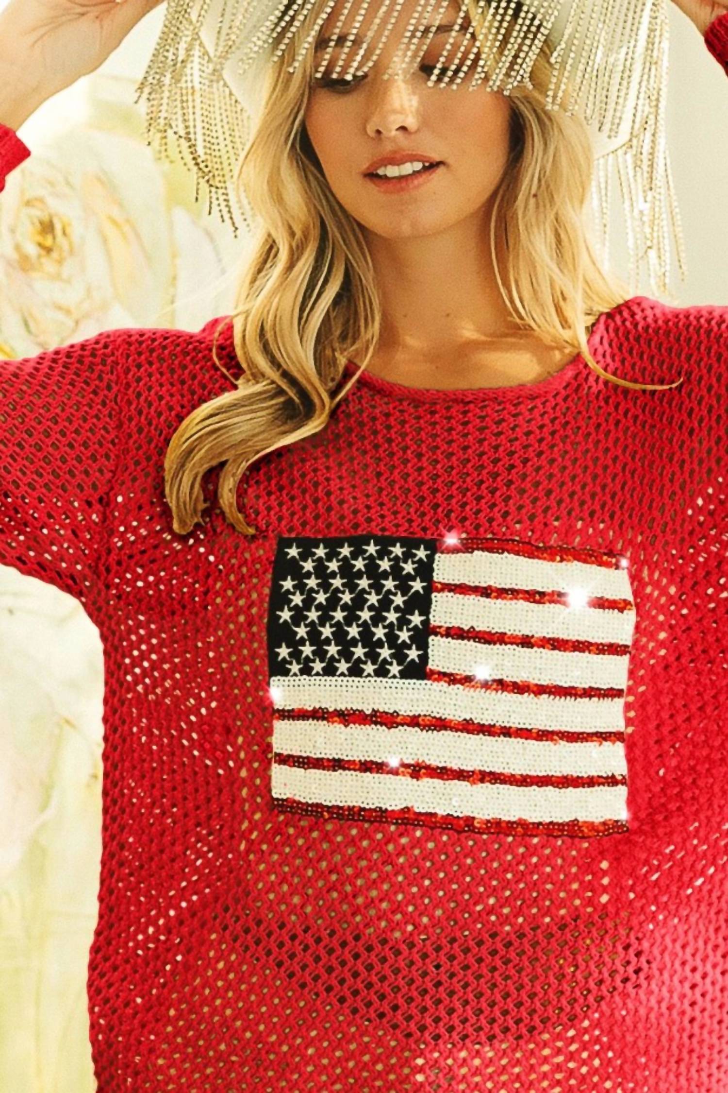 Bibi - Sequin American Flag Patch Open Knit Cover Up