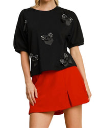 Umgee - French Terry Top with Rhinestone Ribbon Detail