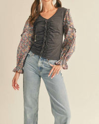 &Merci - Floral Puff Sleeve Ruched Top - Graphite Grey