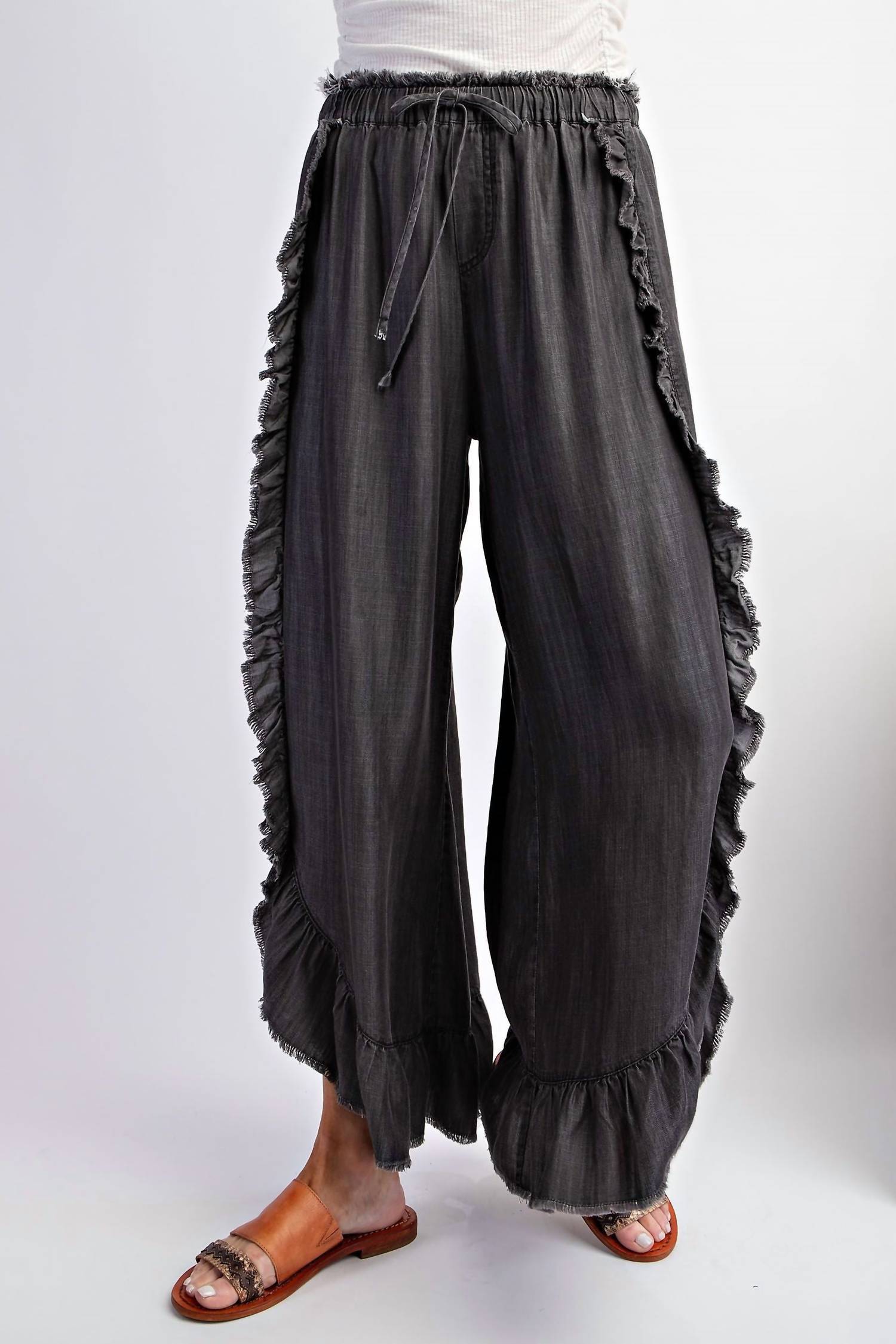 Easel - Plus Size Ruffle Chambray Pants