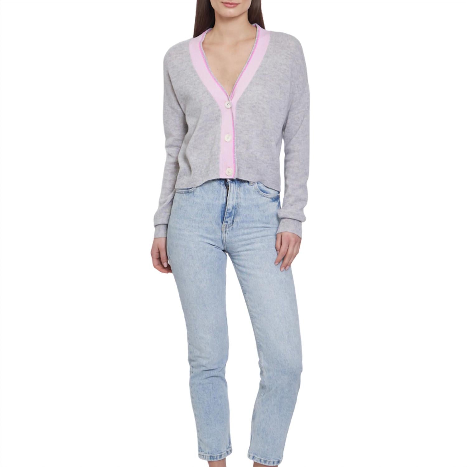 Autumn Cashmere Boxy Cardigan With Crochet Edge Placket in cinderblock combo - women's cardigan - view 4