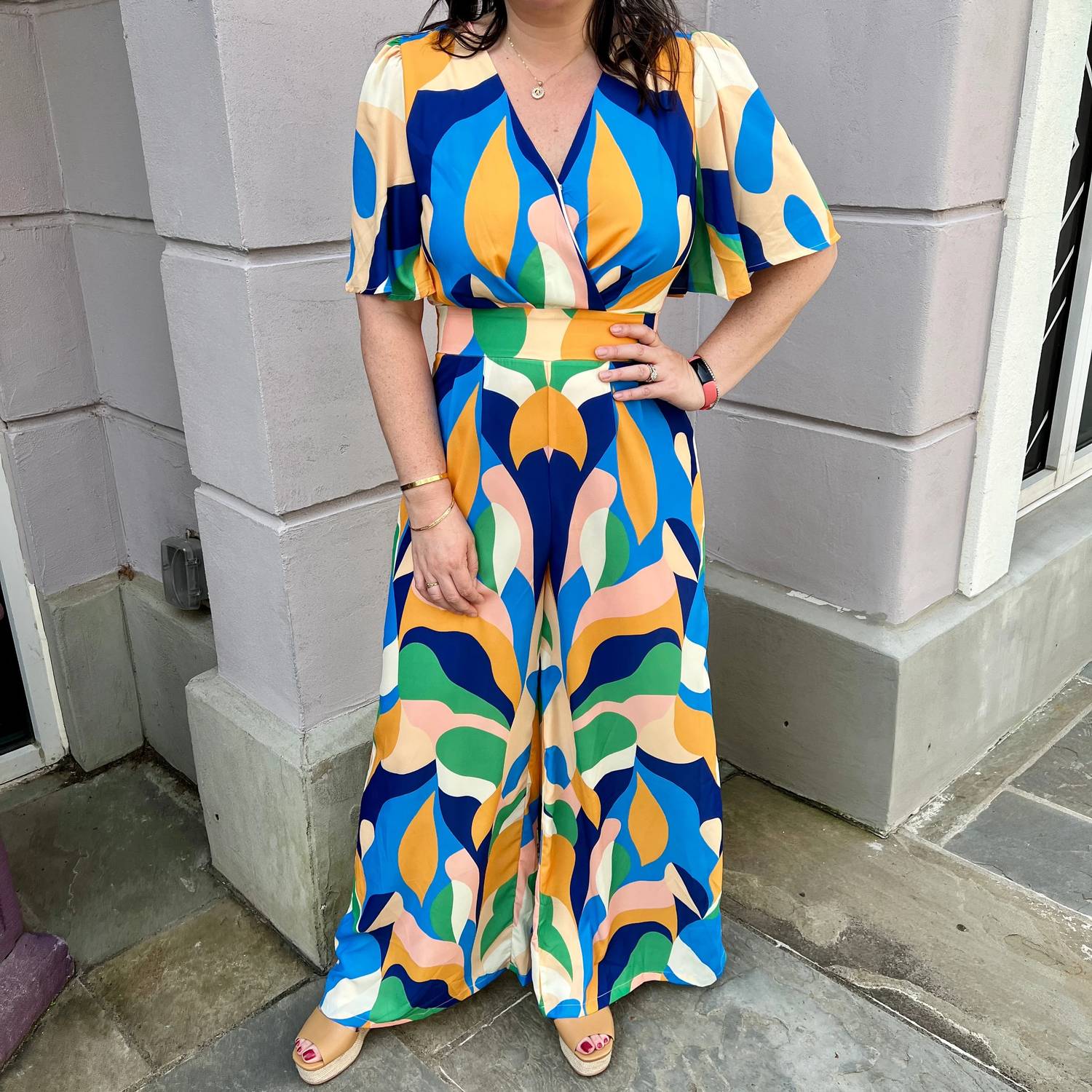 Flying Tomato - Geometric Print Wide Leg Jumpsuit