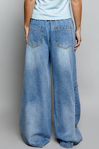 POL Vintage Washing Solid Back Elastic Band High Rise Wide Pants in denim - women's pants - alternate view