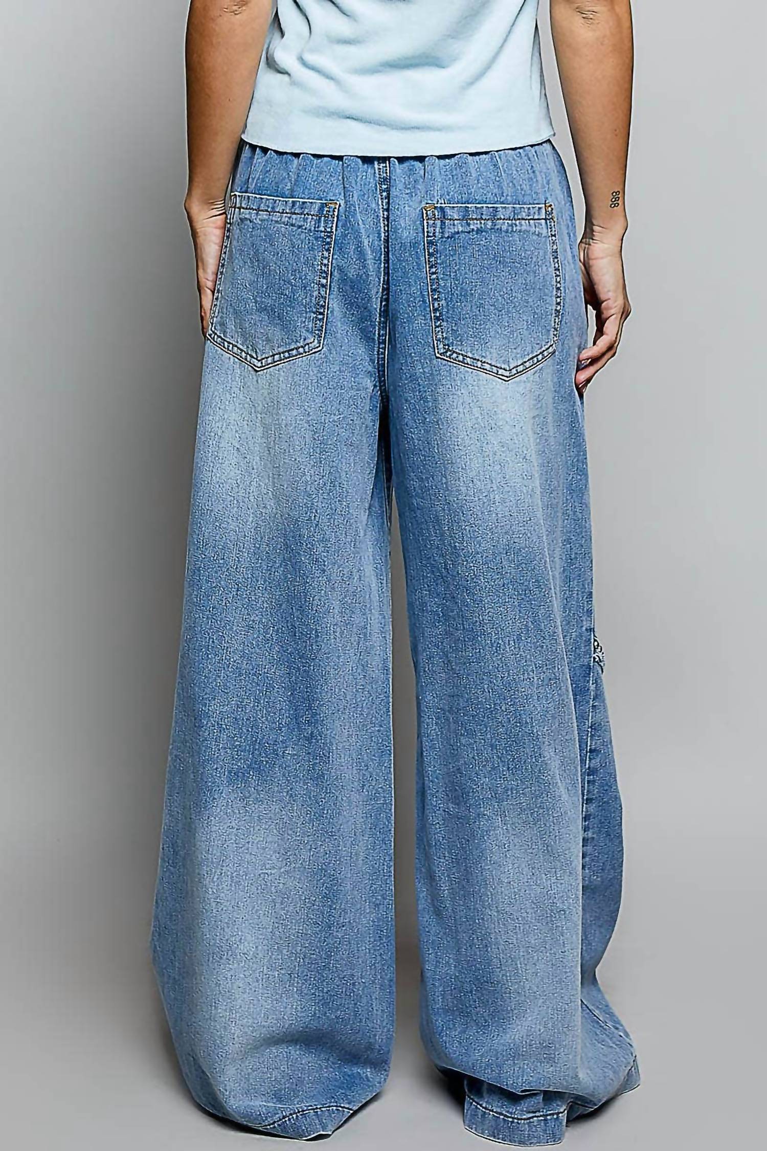 POL Vintage Washing Solid Back Elastic Band High Rise Wide Pants in denim - women's pants - alternate view