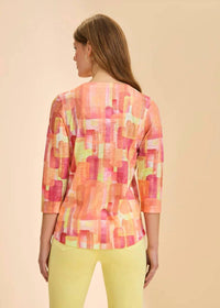 FDJ Quarter Sleeve Notch Neck Top in orange rockefeller - women's long sleeve top - detail view