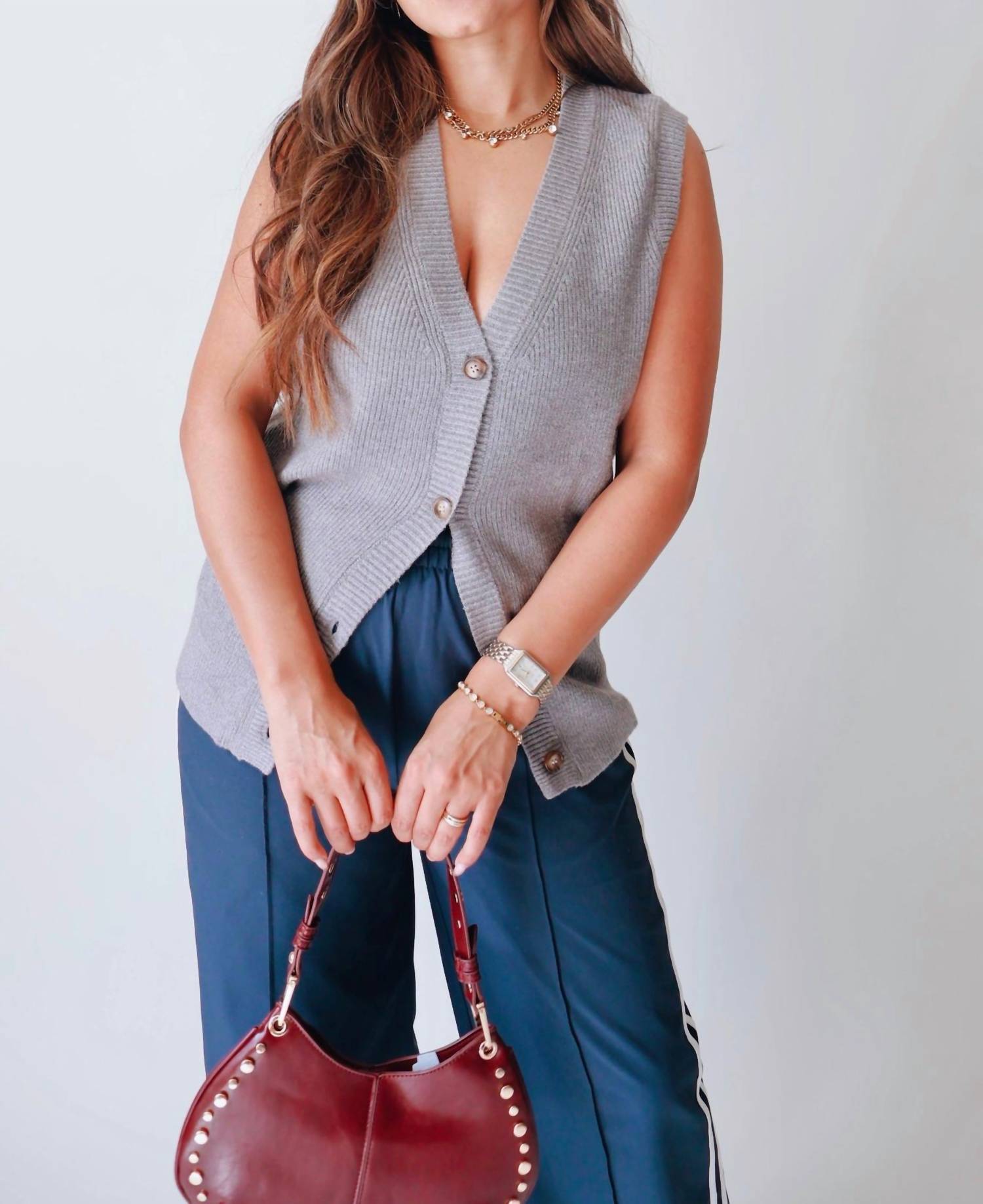 Mimosa V-Neck Sweater Vest in heather gray - women's cardigan - detail view