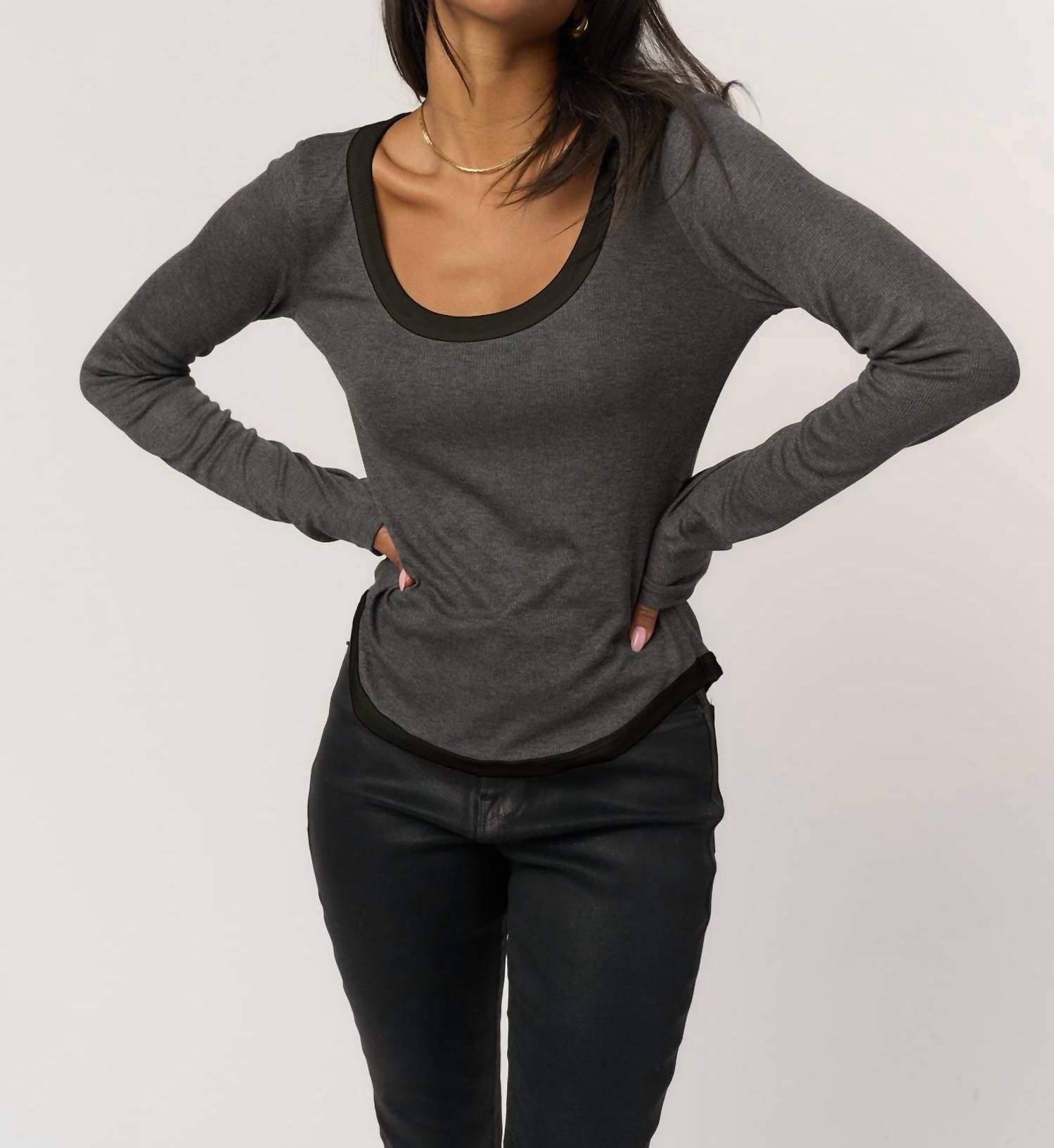 PROJECT SOCIAL T Jena Contrast Scoop Neck Tee Top in charcoal - women's long sleeve top