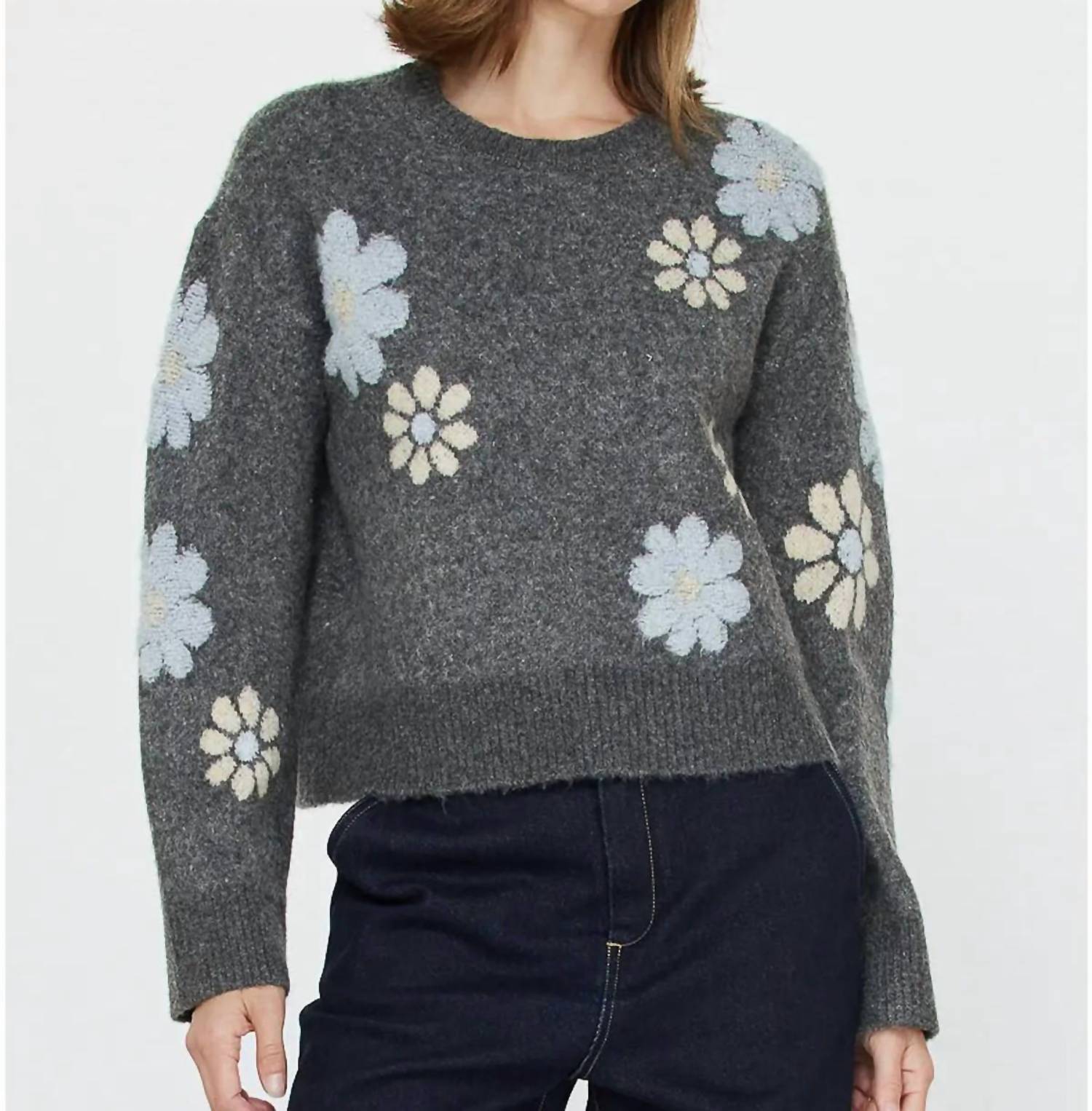 current air Floral Motif Crew Neck Sweater in dark gray - women's sweater