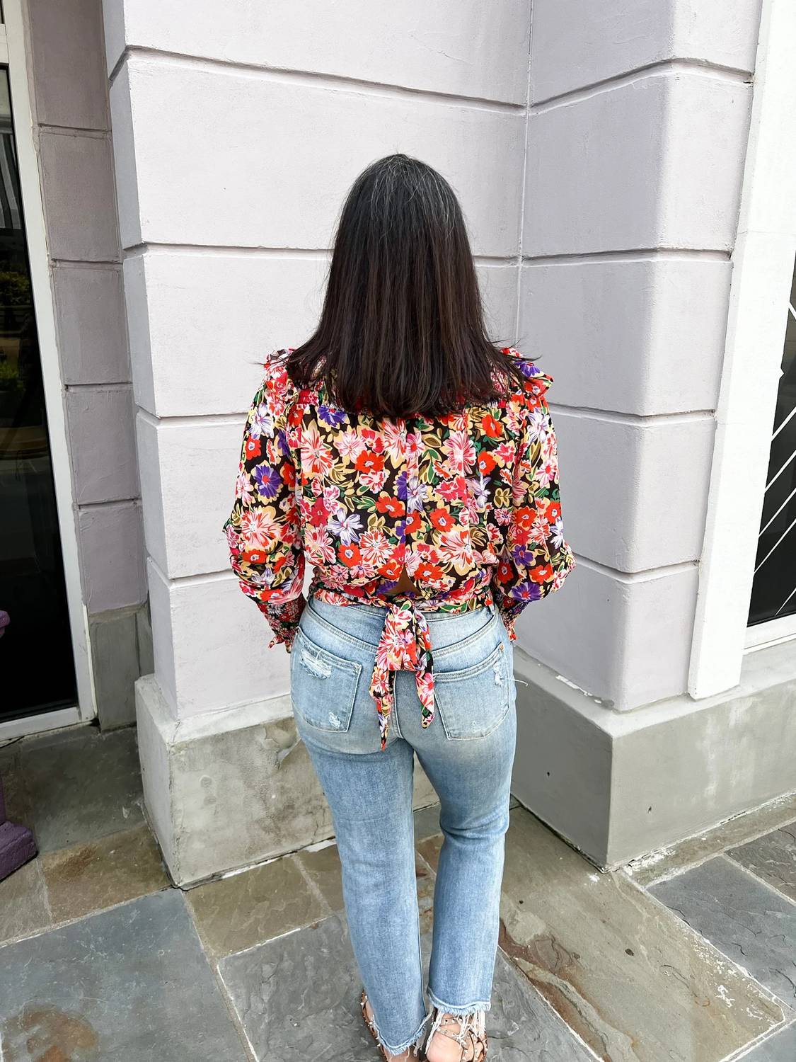 First Love - Floral Print Smocked Tie Back Chiffon Blouse