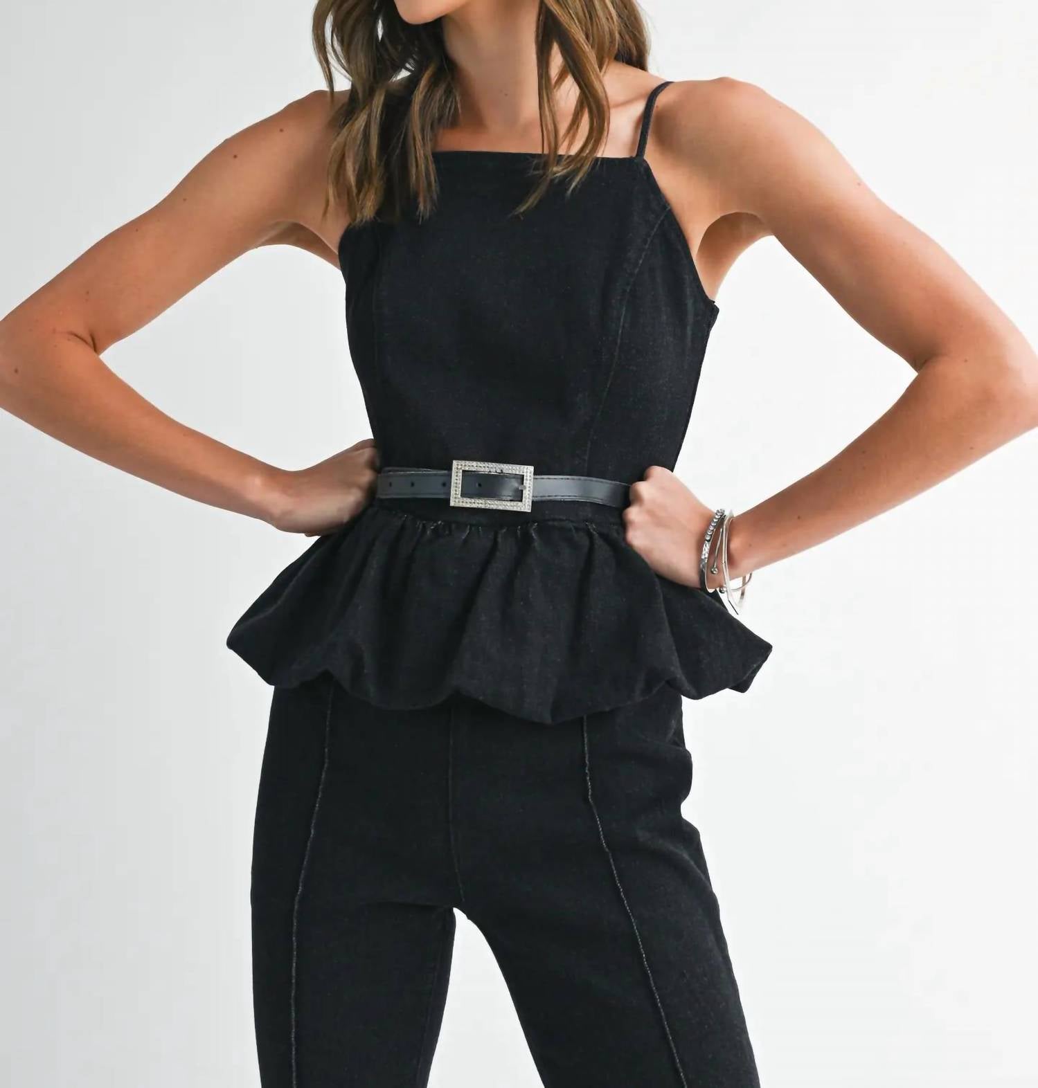 Endless Blu. - Rhinestone Belted Boot Cut Romper