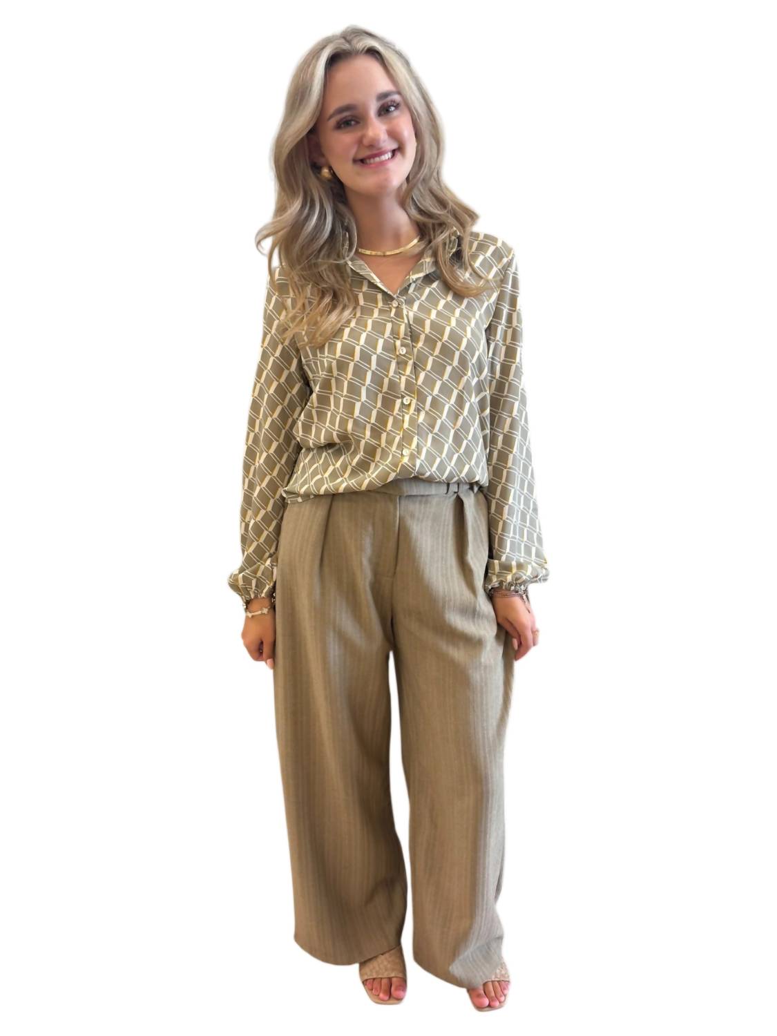 BUCKETLIST Alexis Geometric Print Long Sleeve Top in taupe - women's shirt - alternate view