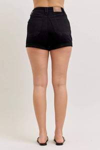Judy Blue High Waist Aurora Weekender Double Rolled Cuff Denim Short in black - women's shorts - detail view