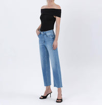 Flying Monkey - Lainey High Rise Raw Hem Crop Slim Wide Jeans