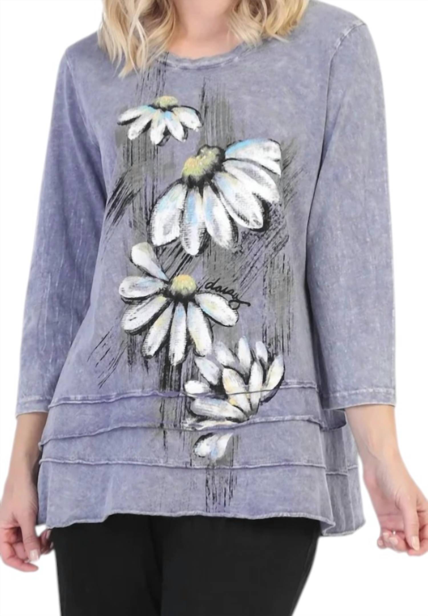 Jess & Jane Lucy Mineral Washed Cotton Layered Top in marine - women's blouse - detail view