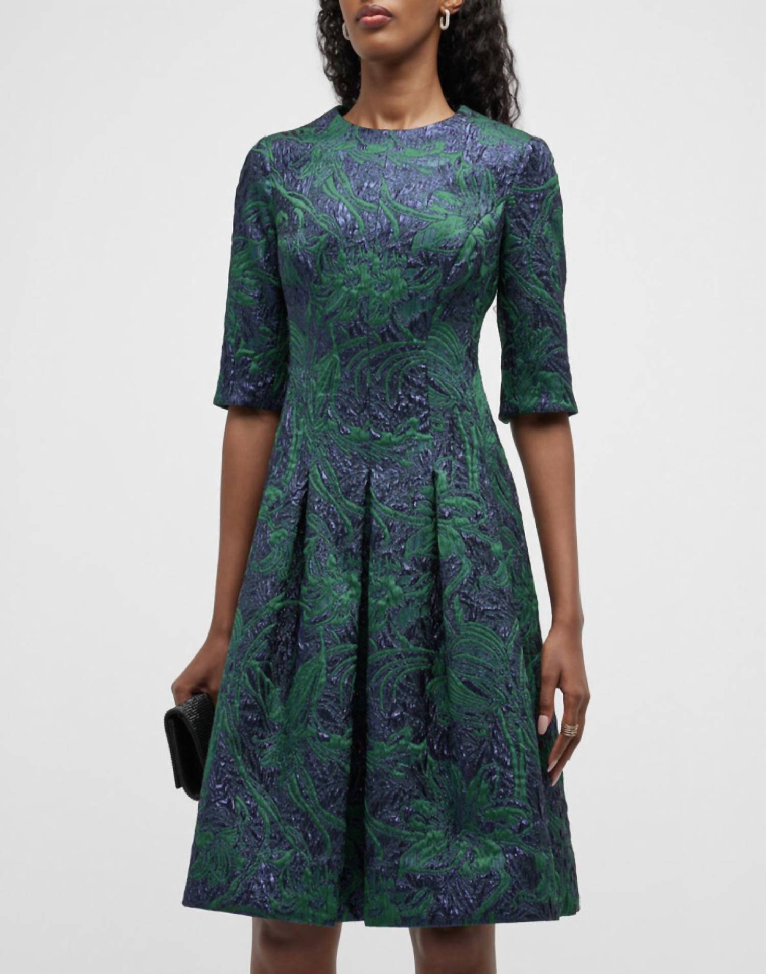 Teri Jon - Floral Jacquard Inverted Pleats Dress