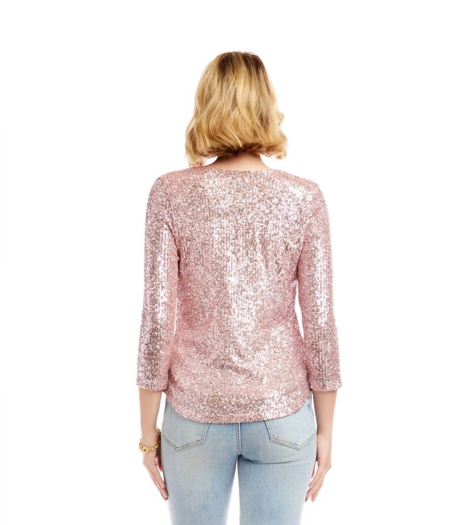 Karen Kane 3/4 Sleeve Drape Front Sequin Top in pink - women's long sleeve top - alternate view