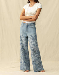 Bayeas - High Rise Eyelet And Embroidery Wide Leg Jeans