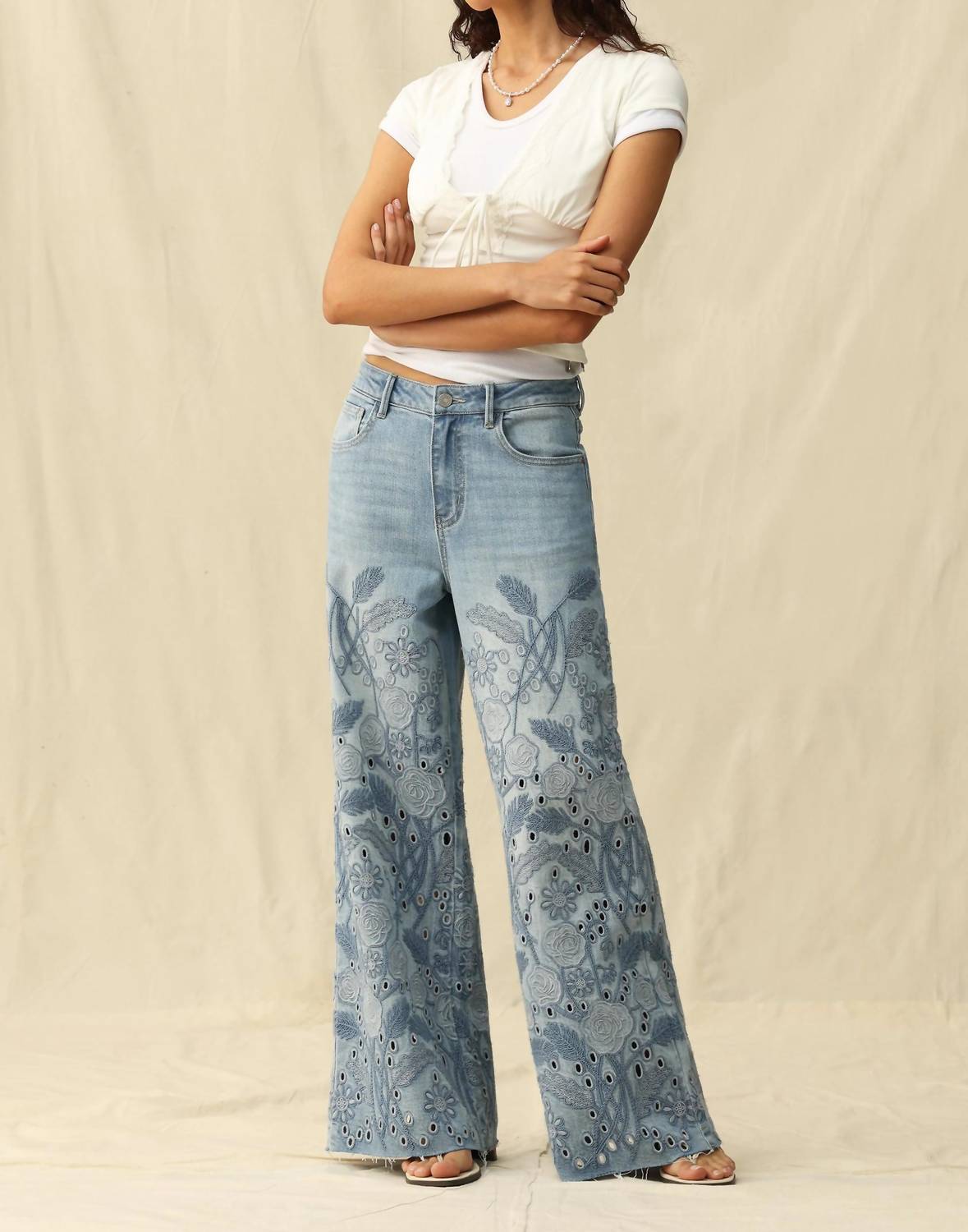 Bayeas - High Rise Eyelet And Embroidery Wide Leg Jeans