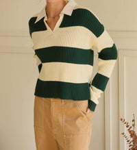 Skies Are Blue - Striped Ribbed Knit Polo Shirt