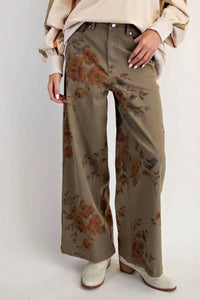 Easel - Flower Print Stretch Washed Twill Pants