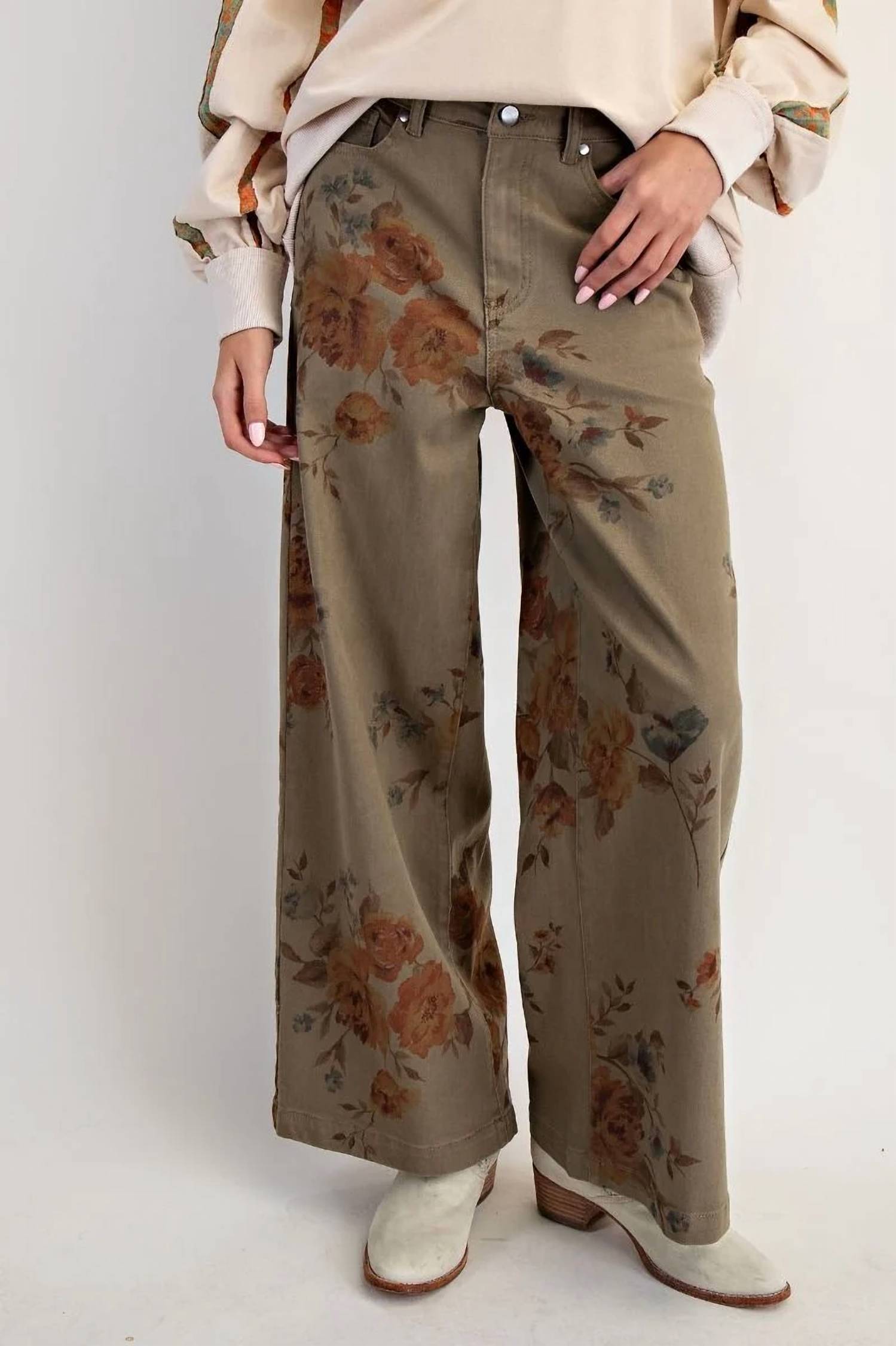 Easel - Flower Print Stretch Washed Twill Pants
