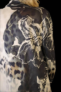Look Mode Usa - Faux Suede Leopard And Flower Print Long Jacket