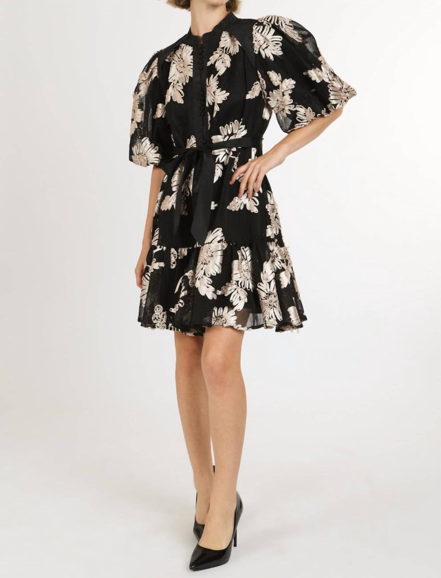 Beulahstyle - Jessica Floral Embroidered On Mesh Balloon Mini Dress