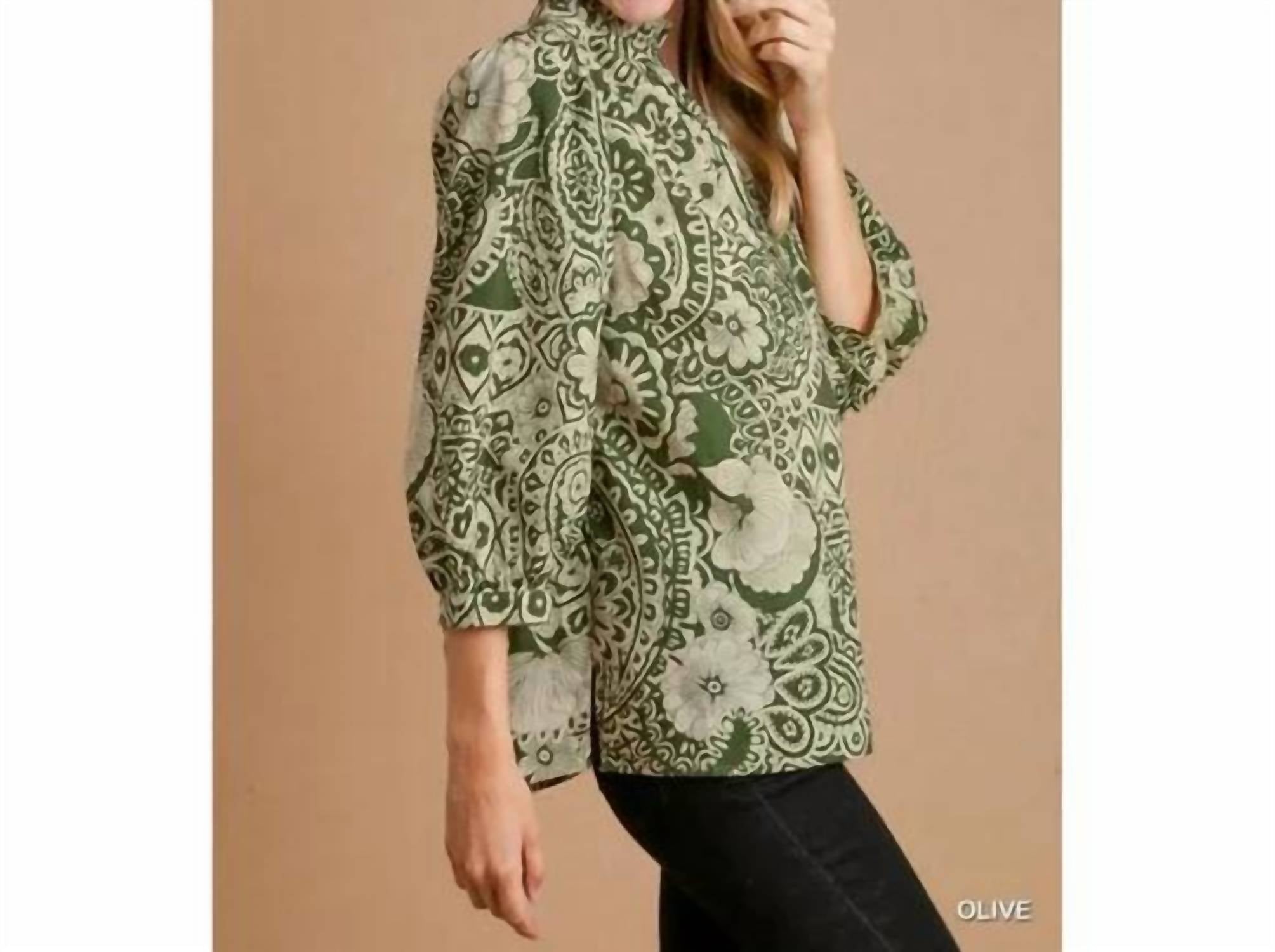 umgee Paisley Button Down V Neck Blouse in olive - women's blouse - alternate view