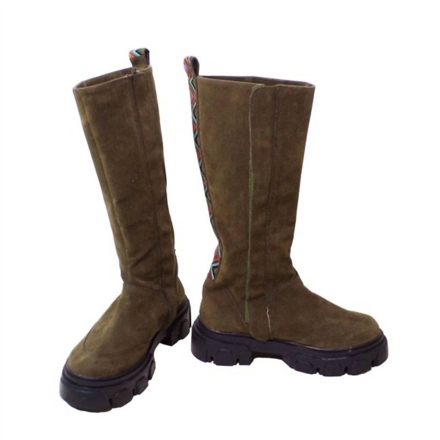 Farm Rio - Women's Embroidered Suede Tall Knee High Lug Sole Boots