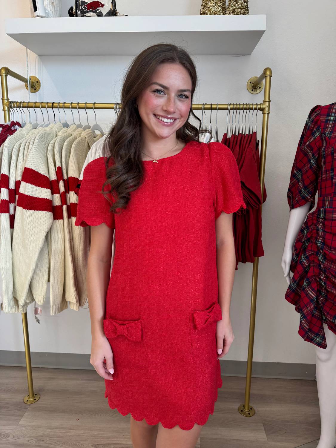Fate - Scallop Edge Puff Sleeve Tweed Mini Dress