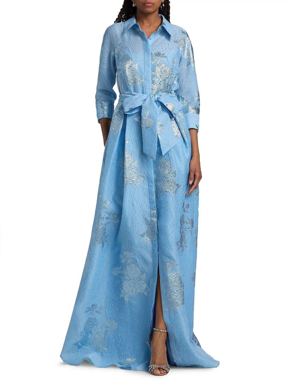 Teri Jon - Metallic Jacquard Shirt Waist Gown