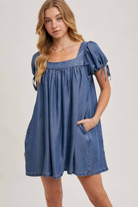 Bluivy - Denim Square Neck Babydoll Dress With Pockets